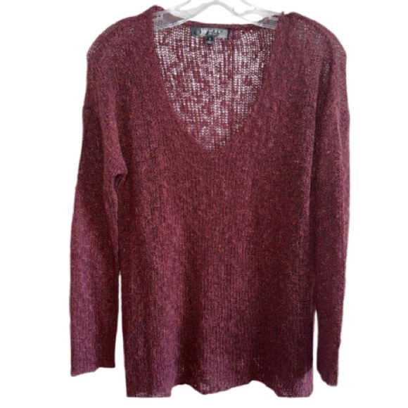 Ye Mak Burgundy V-Neck Sweater Lightweight Pullover Summer Open Knit Sz Small - Picture 2 of 8